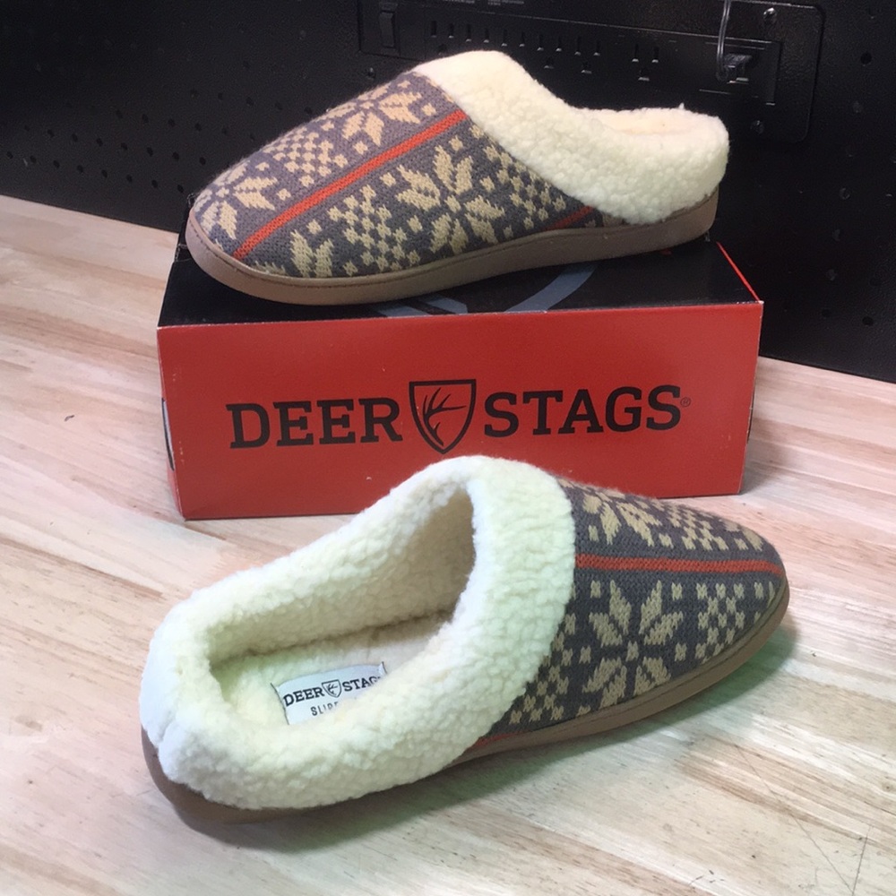 New‎ WB Mens Deer Stags Sherpa-Lined Fair Isle Slippers - Brown & Cream
